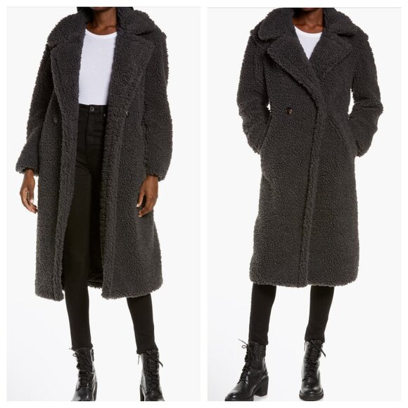 NWT UGG Gertrude Double Breasted Long Teddy Coat, Black/Gray, Large - Picture 1 of 15